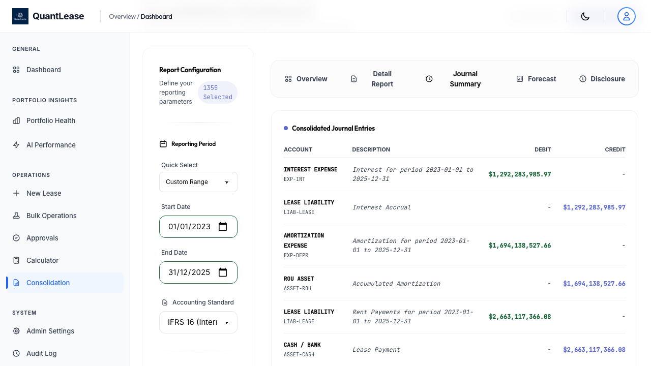 QuantLease automated journal entries for initial recognition and periodic depreciation